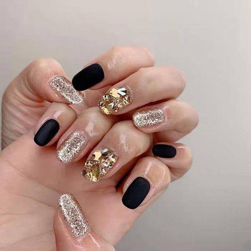 Glamorous Evening Short Round Matte Black and Shimmering Gold Glitter Press On Nail Set with 3D Jewel Accents