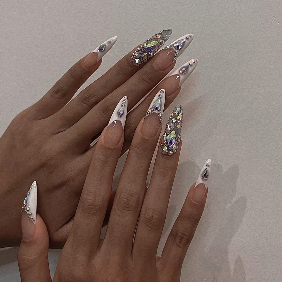 Enchanted Elegance Long Almond White Press On Nail Set with Rhinestone Accents