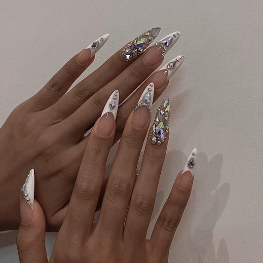 Enchanted Elegance Long Almond White Press On Nail Set with Rhinestone Accents