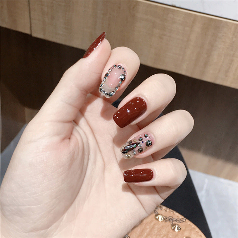 Elegant Autumn Medium Square Burgundy Press On Nails with Rhinestone Accents and Glitter Highlights