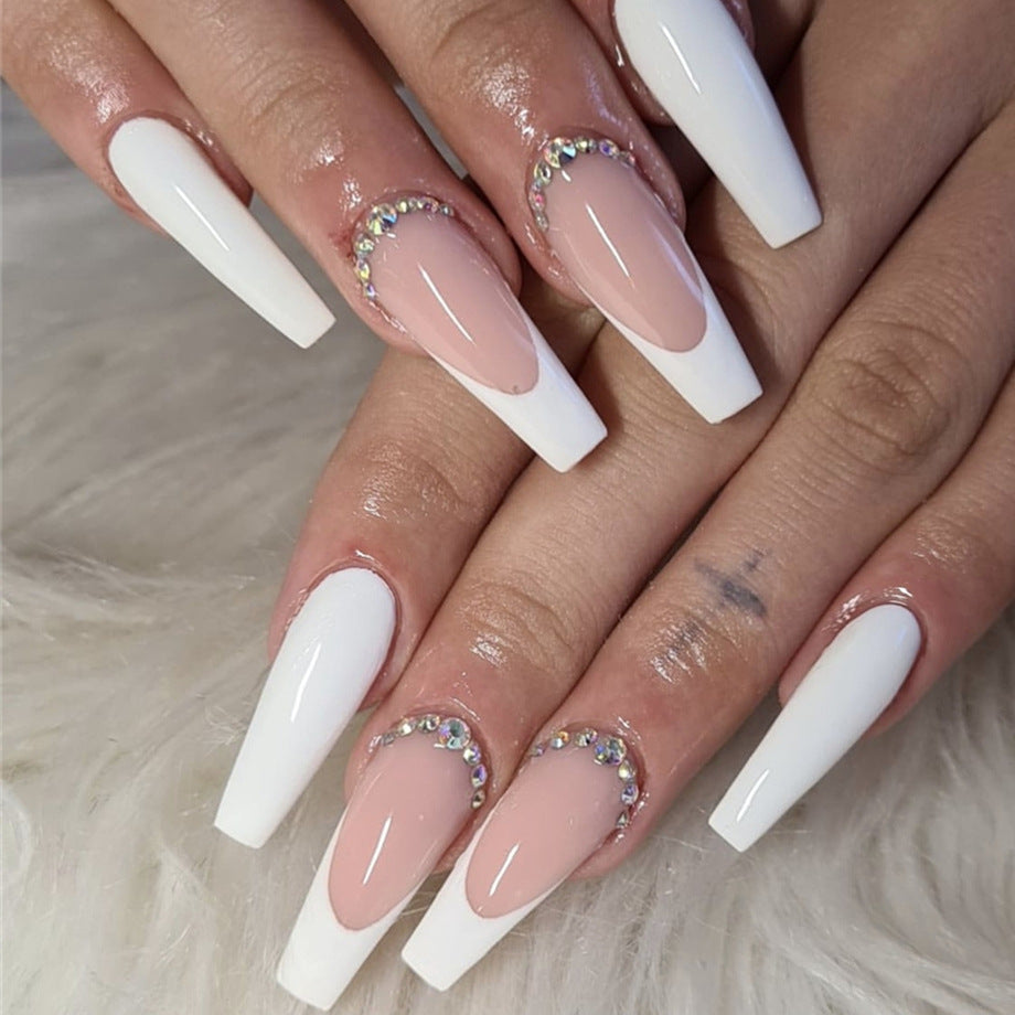 Elegant Bridal Collection Long Coffin White and Beige Press On Nail Set with Rhinestone Accents