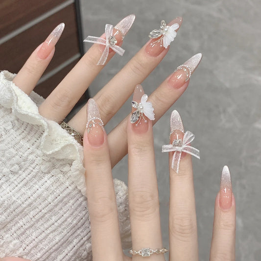 Elegant Fairy Blossom Press On Nail Set Long Almond Pink with Sparkling Floral Accents