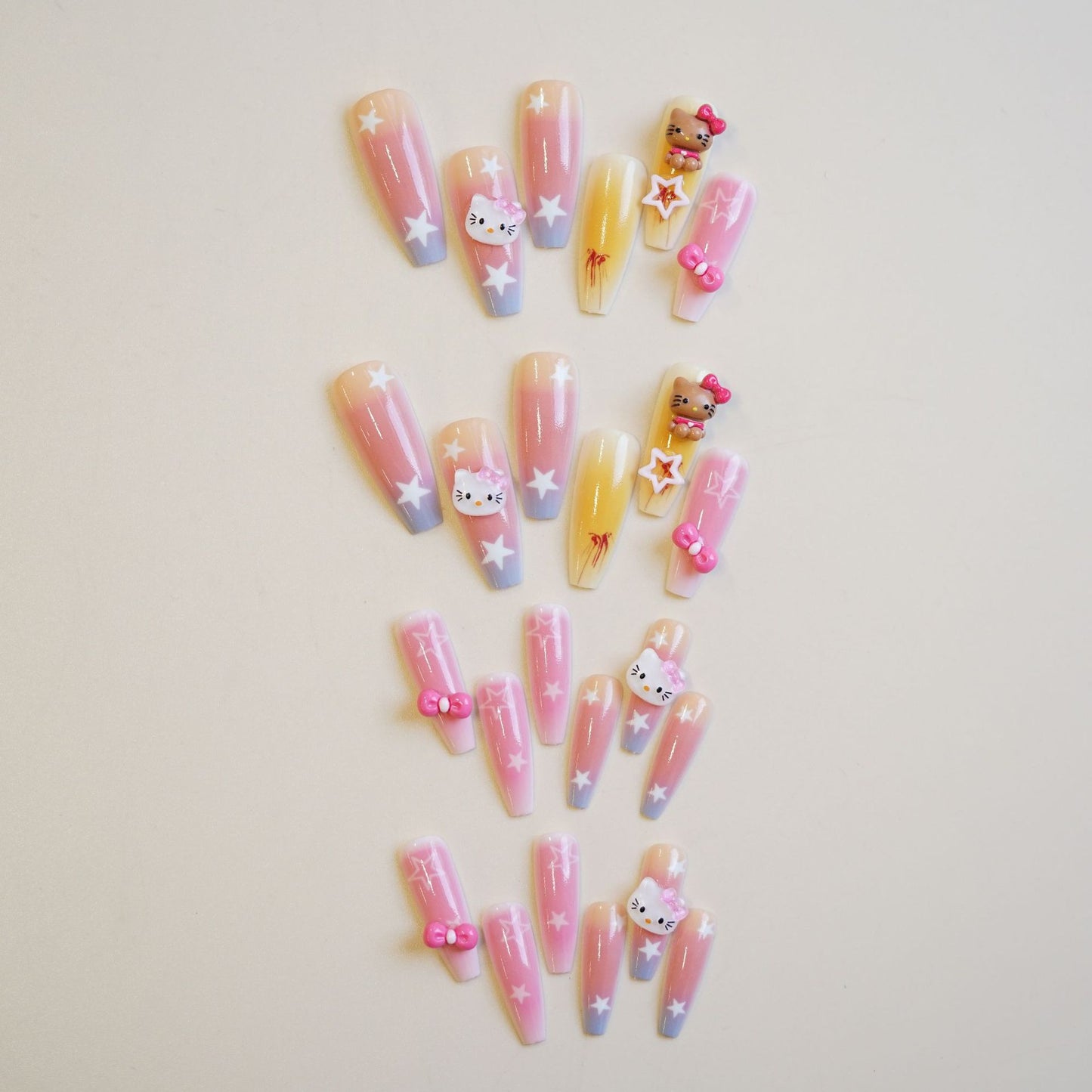 Whimsical Kawaii Press On Nail Set Long Coffin Shape Pastel Pink And Blue With Cute Character Accents