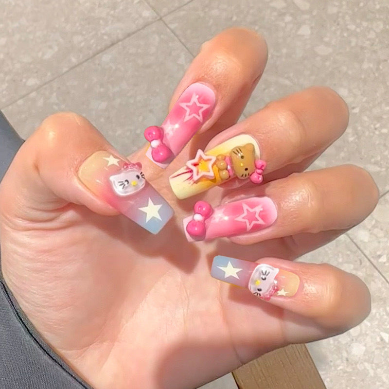Whimsical Dreamland Long Coffin Pastel Pink And Blue Press On Nail Set With 3D Cute Charms And Star Designs