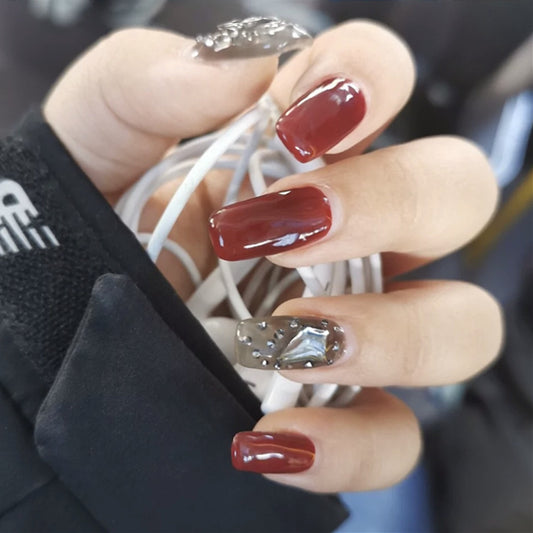 Urban Chic Long Square Burgundy Press On Nail Set with Silver Glitter Accent Nails