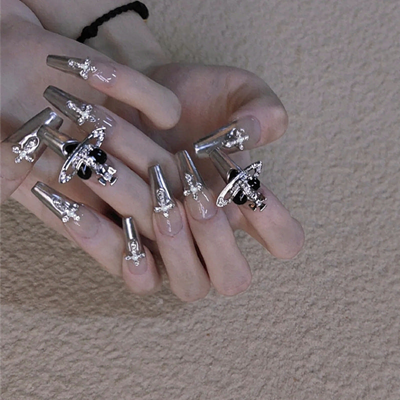Starry Night Extra Long Coffin Silver Press On Nails with Rhinestone Accents
