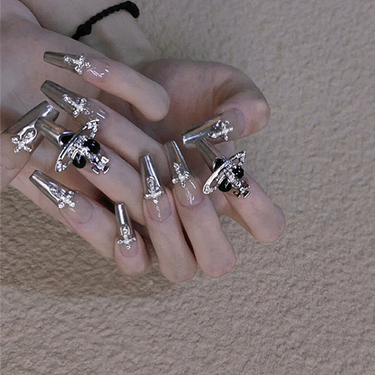 Starry Night Extra Long Coffin Silver Press On Nails with Rhinestone Accents