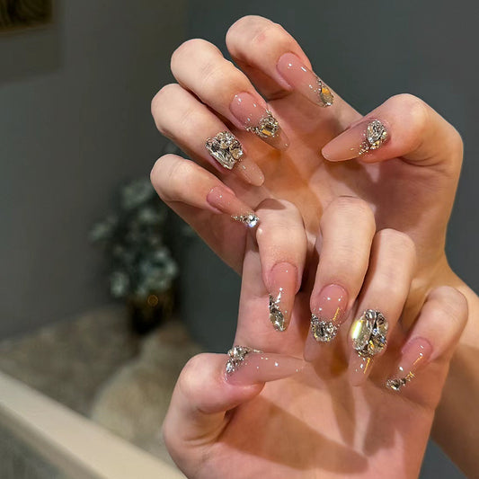 Glamorous Crystal Dreams Long Almond Pink Press On Nail Set with Stunning Rhinestone Accents