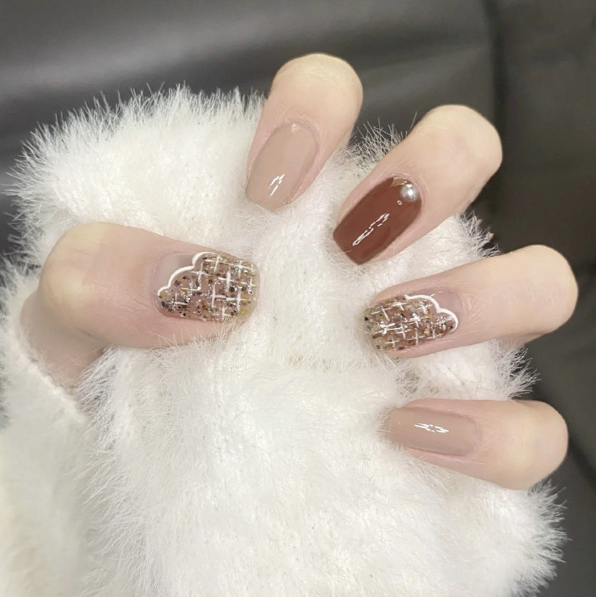 Winter Elegance Medium Length Square Press On Nails in Beige and Brown with Rhinestone Accents