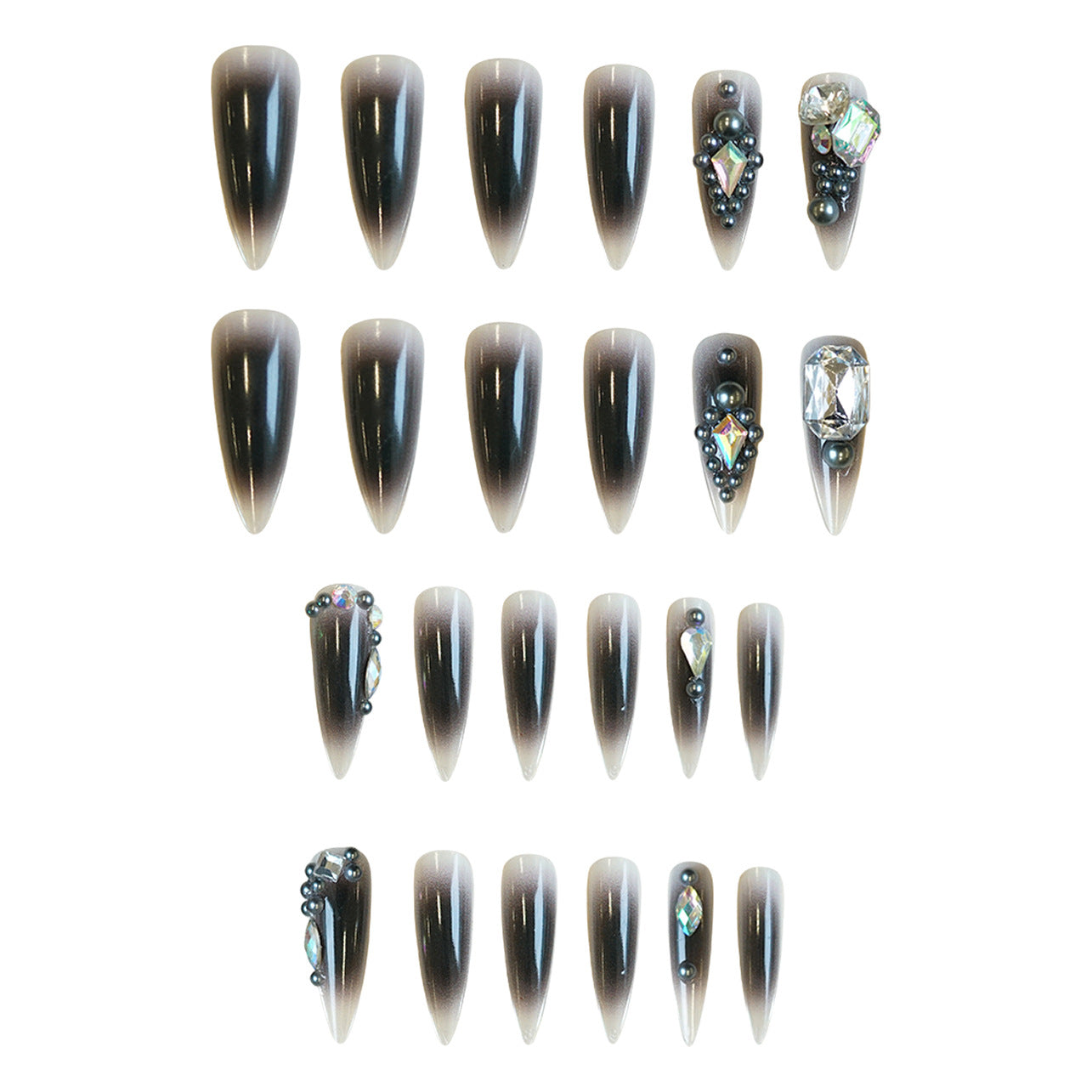 Glamorous Midnight Long Stiletto Ombre Black Press on Nail Set with Dazzling Gemstone Accents