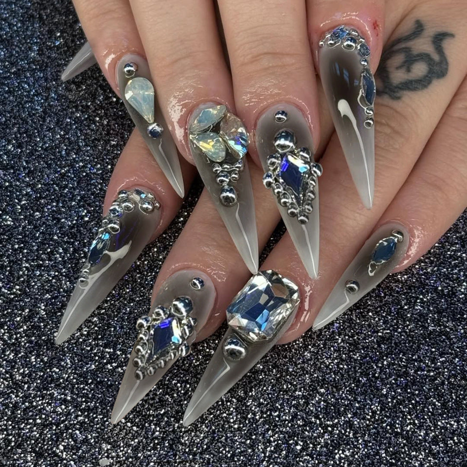 Glamorous Enchantment Long Stiletto Clear Nails with Sparkling Gemstone Accents