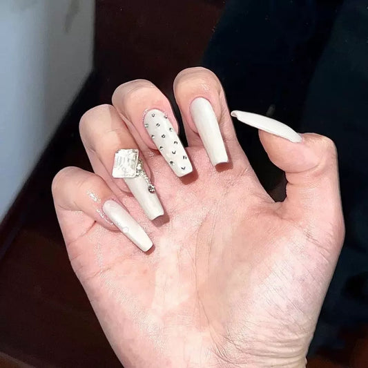 Glamorous Elegance Long Coffin White Press On Nail Set with Rhinestone Accents