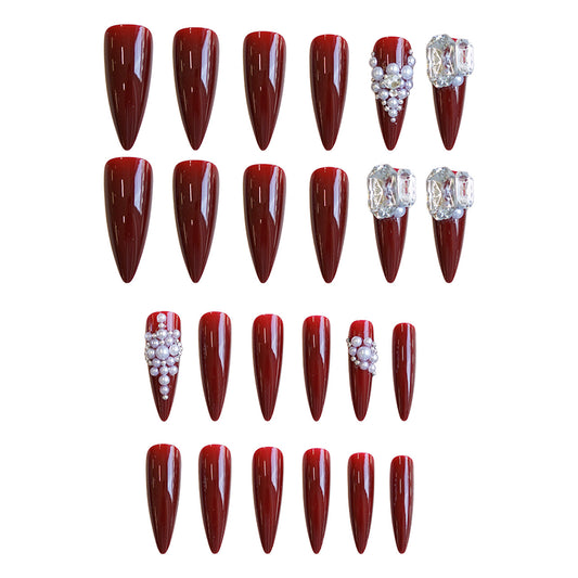 Elegant Romance Long Almond Red Press On Nail Set with Stunning Pearl and Crystal Accents