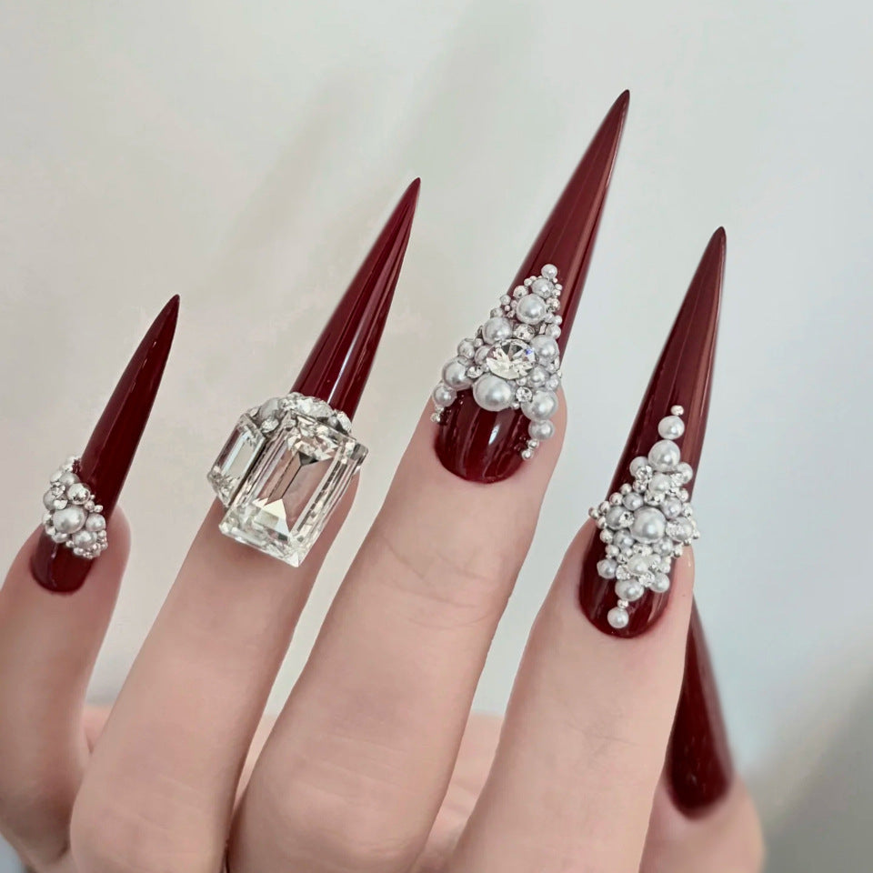 Glamorous Elegance Long Stiletto Burgundy Press On Nail Set with Stunning Rhinestone Embellishments