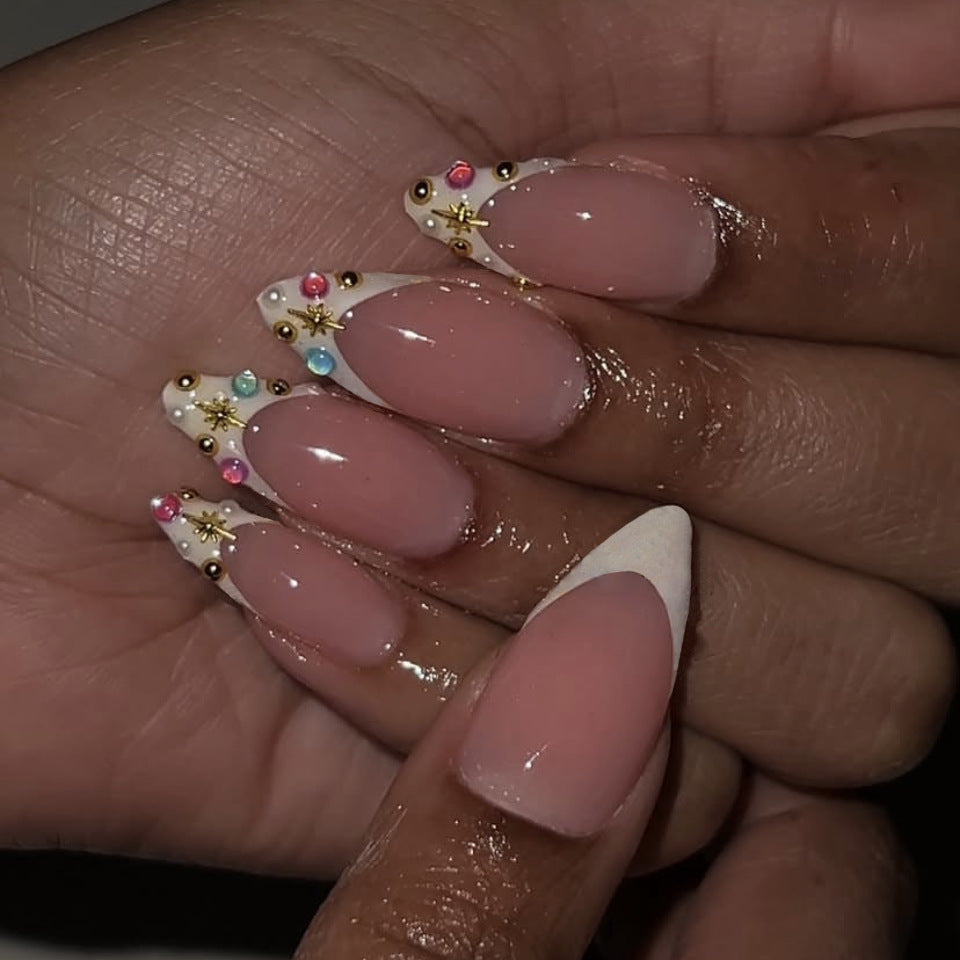 Celestial Elegance Medium Almond Pink Press On Nail Set with Dazzling Gemstone Accents