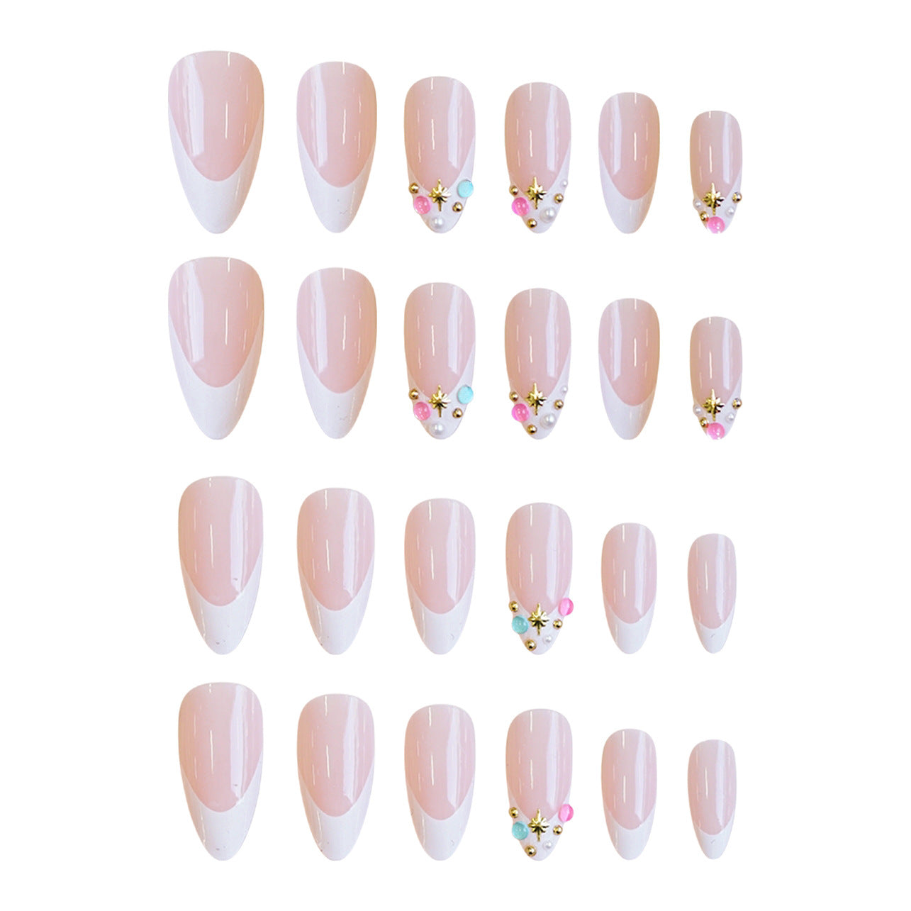 Celestial Chic Medium Almond Pink and White Press On Nail Set with Dazzling Gem Accents