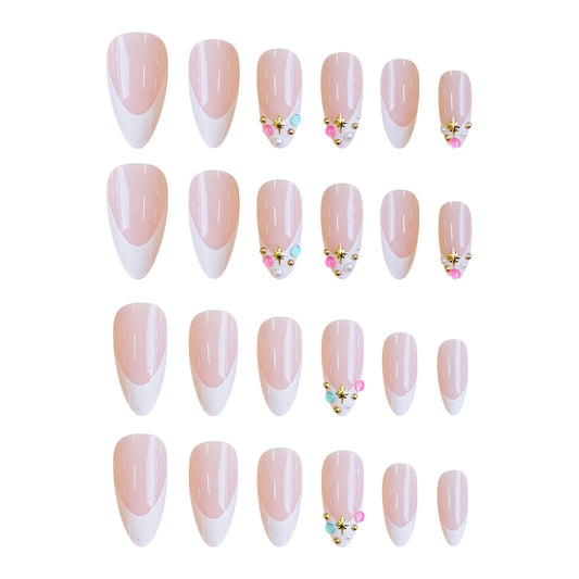 Celestial Chic Medium Almond Pink and White Press On Nail Set with Dazzling Gem Accents
