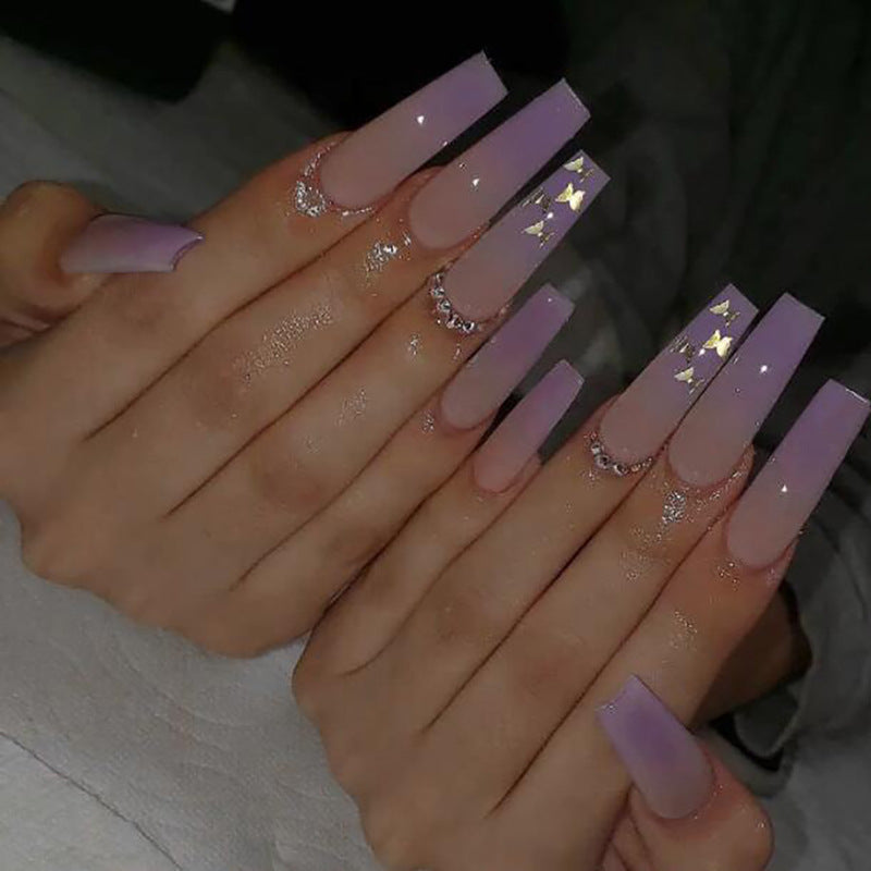 Starry Lavender Dream Long Coffin Purple Press On Nail Set with Rhinestone Accents