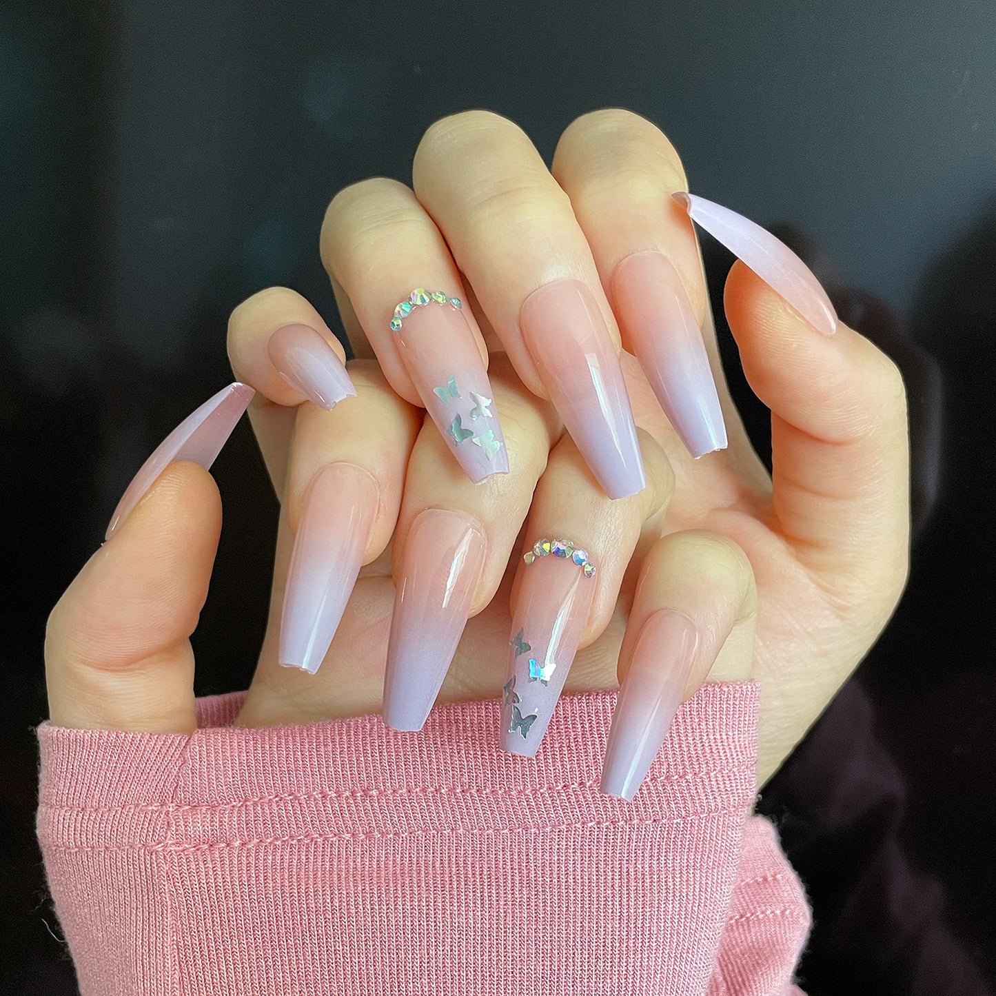 Starry Elegance Extra Long Coffin Ombre Pink Press On Nail Set with Glitter Accents