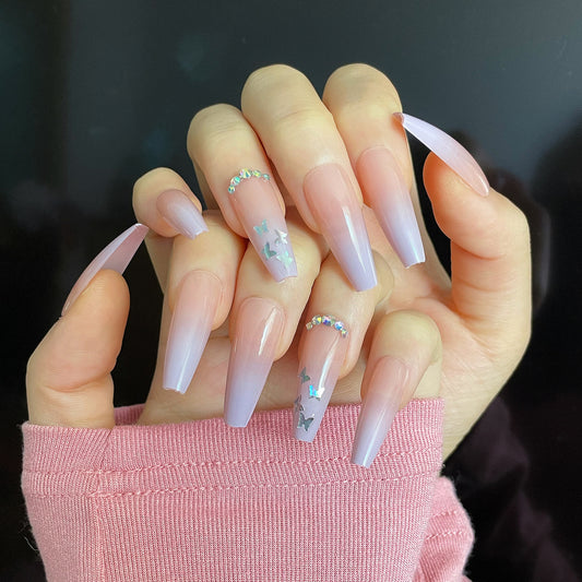 Starry Elegance Extra Long Coffin Ombre Pink Press On Nail Set with Glitter Accents