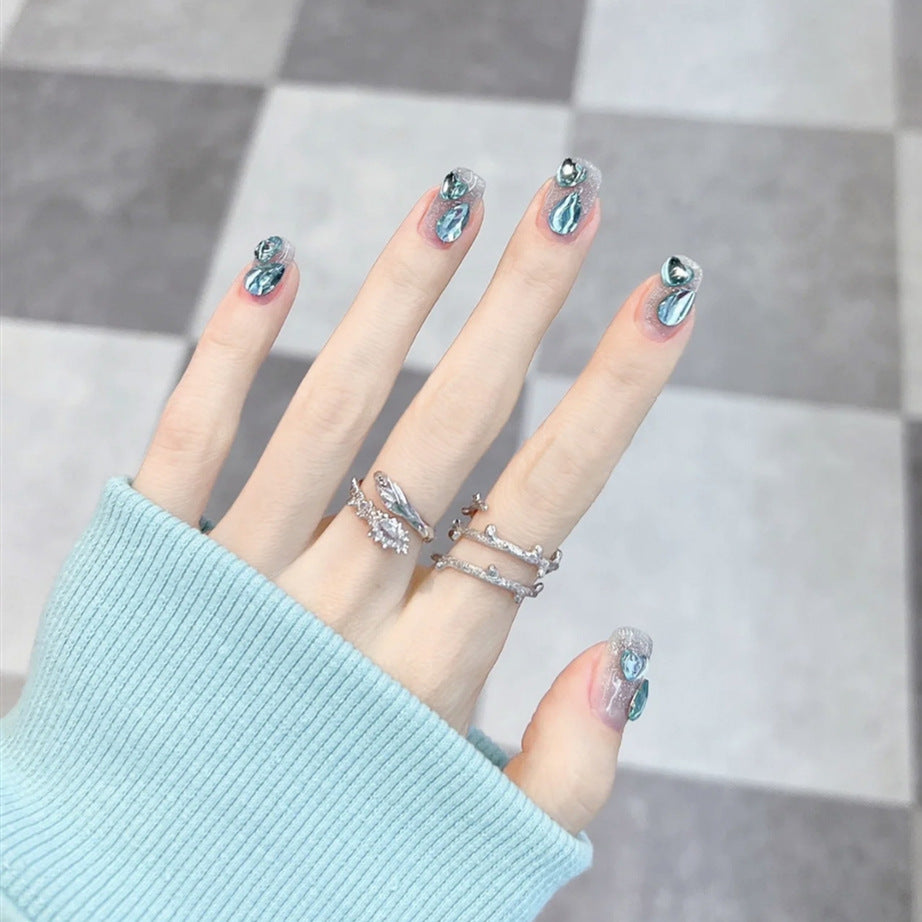 Elegant Ocean Breeze Medium Square Teal Press On Nails with Embedded Gem Accents