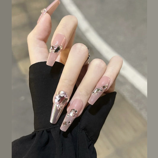 Glamorous Elegance Long Coffin Pink Press On Nail Set with Sparkling Gem Accents