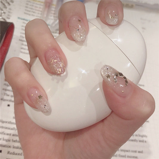 Starry Night Short Oval Pink Glitter Press On Nail Set with Sparkling Accents