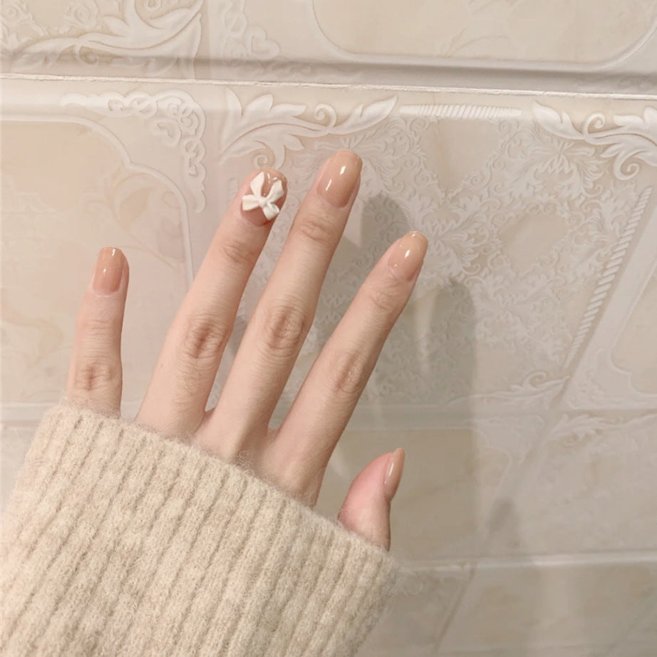 Elegant Bridal Collection Square Short Beige Press On Nail Set with Accent Bow Knot Design