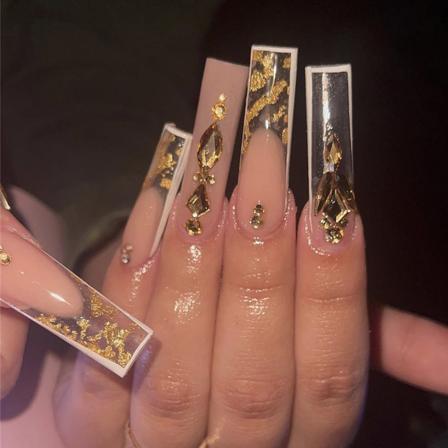 Glamorous Gala Extra Long Square Beige and Gold Flake Gemstone Embellished Press On Nail Set