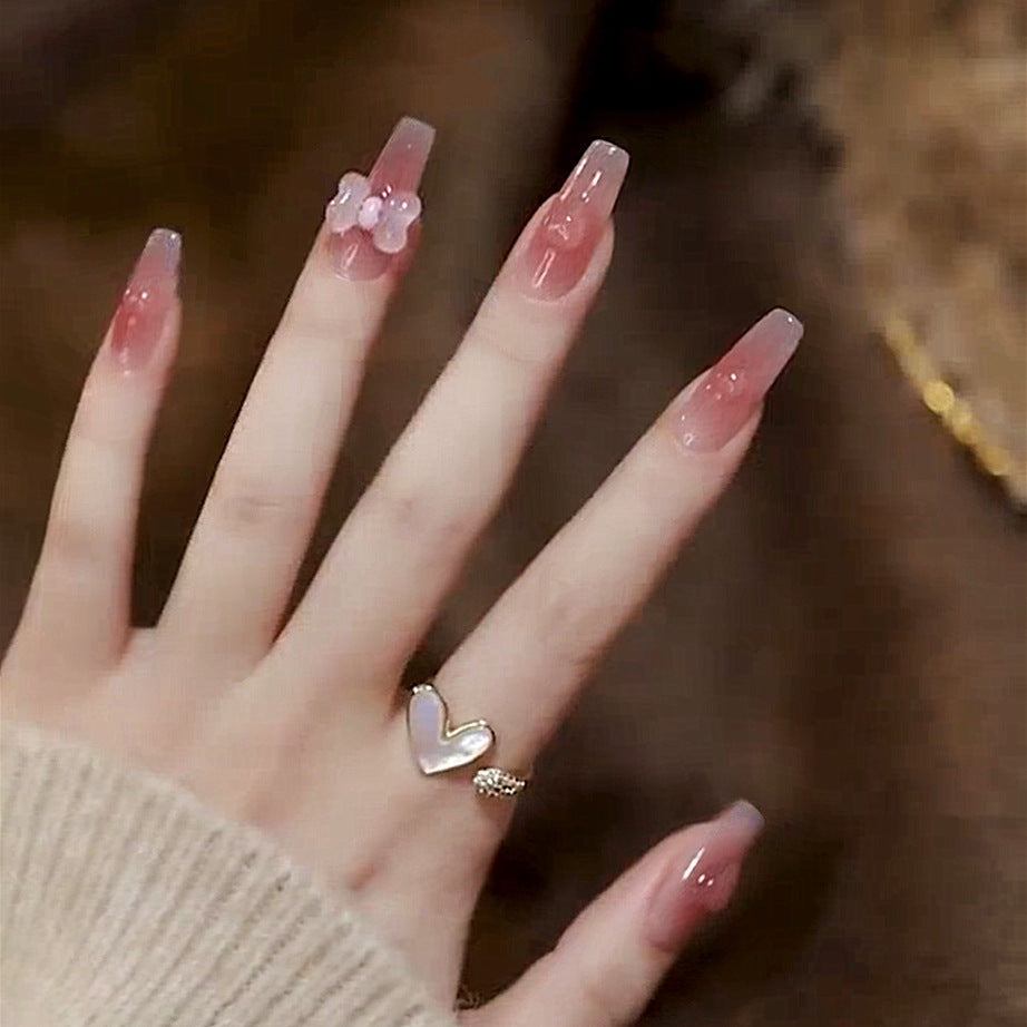 Enchanted Elegance Extra Long Coffin Pink Glitter Press On Nail Set with 3D Flower Accents