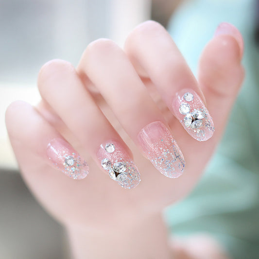 Enchanted Sparkle Medium Oval Pink Glitter Rhinestone Embellished Press On Nail Set