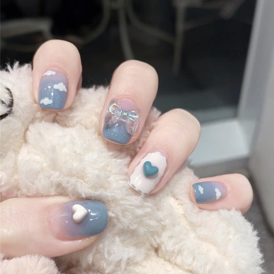 Enchanted Cloudscape Short Square Press On Nail Set in Pastel Blue and White with 3D Embellishments