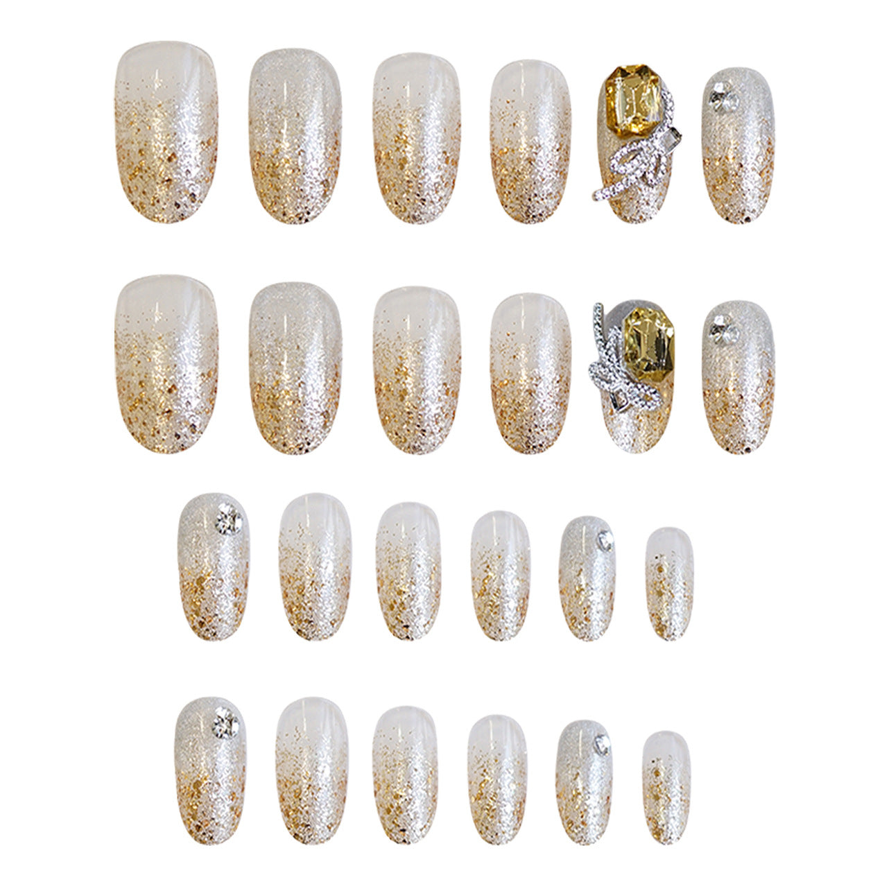 Glamorous Elegance Medium Oval Transparent Glitter Gradient with Rhinestone Accents Nail Set