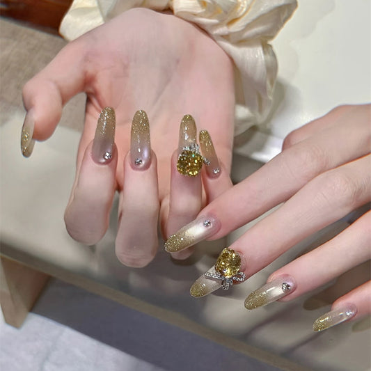 Golden Elegance Long Oval Ombre Glitter Press On Nail Set with Gemstone Accents