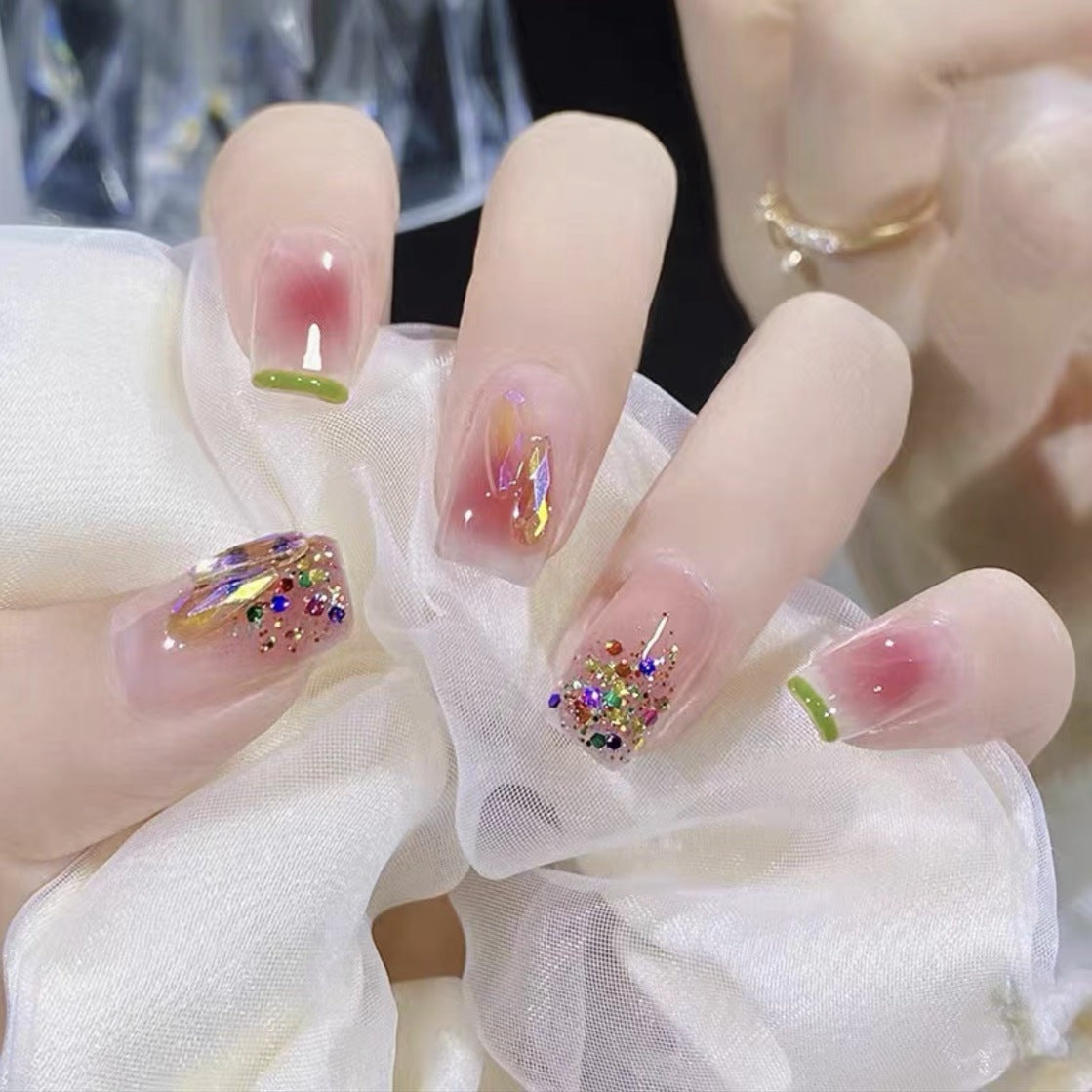 Enchanted Garden Medium Length Square Shape Pastel Pink Press On Nails with Multi-Colored Glitter Accents
