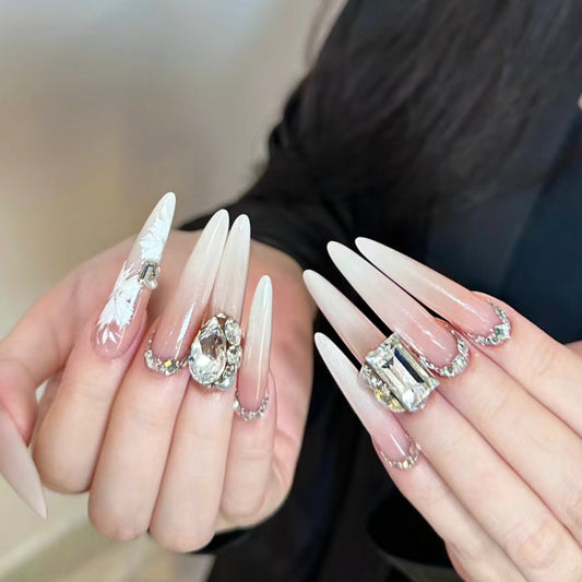 Elegant Soiree Extra-Long Almond Beige Press On Nail Set with Rhinestone Embellishments