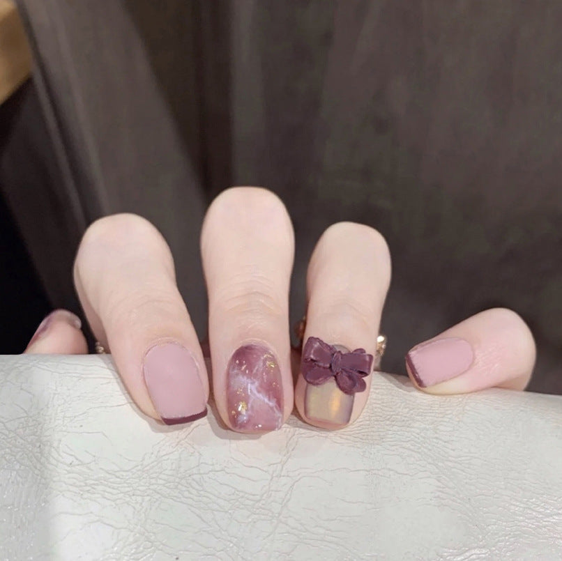 Elegant Mauve Short Square Press On Nails with Golden Flakes and Bow Accent