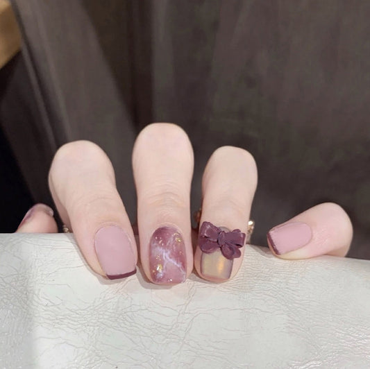 Elegant Mauve Short Square Press On Nails with Golden Flakes and Bow Accent