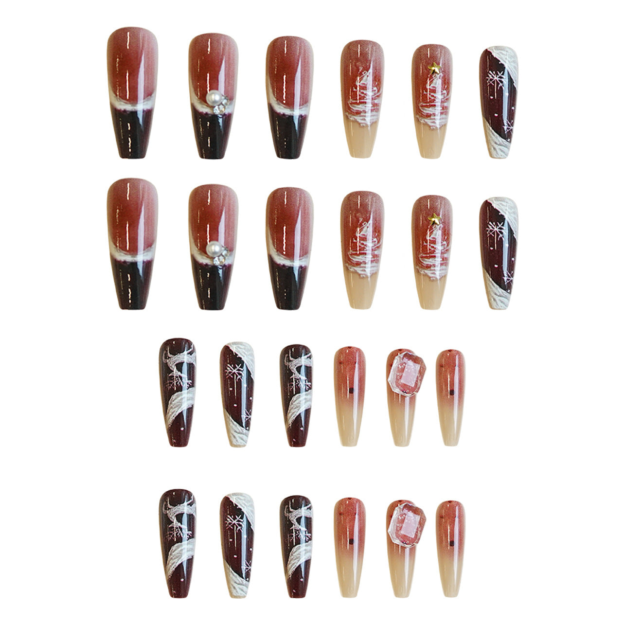 Winter Wonderland Long Coffin Gradient Red with Pearl Accent Press On Nail Set