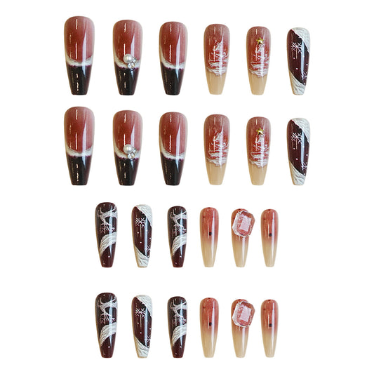 Winter Wonderland Long Coffin Gradient Red with Pearl Accent Press On Nail Set