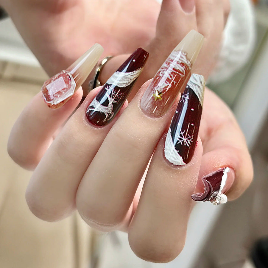 Festive Elegance Long Coffin Burgundy and Frosted Transparent Nails with Unique Gemstone Accent
