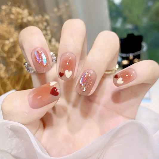 Romantic Love Affair Medium Oval Beige and Red Press On Nail Set with Holographic Accents