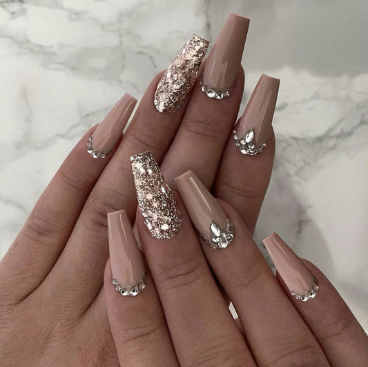 Elegant Affair Long Coffin Taupe Glitter Accented Press On Nail Set with Rhinestone Embellishments