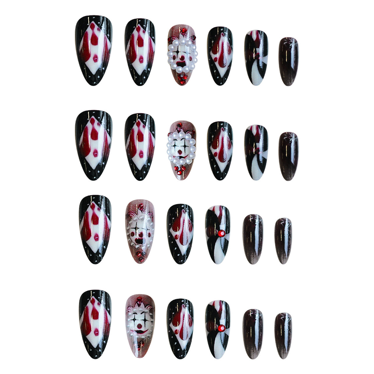 Haunting Elegance Medium Almond Talon Black and White with Gothic Pearl Accents Press on Nail Set