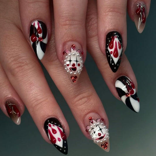 Carnival Chic Almond Medium Black and White with Unique Clown Art Design Press-On Nail Set