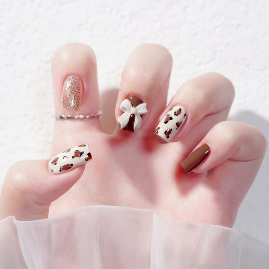 Elegant Safari Medium-Length Square Press On Nail Set in Beige and Brown with Glitter Accent and Animal Print Design