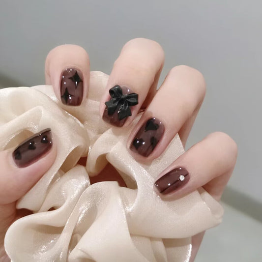 Elegant Evening Medium-Length Square Deep Mocha Press On Nail Set with 3D Bow Accent