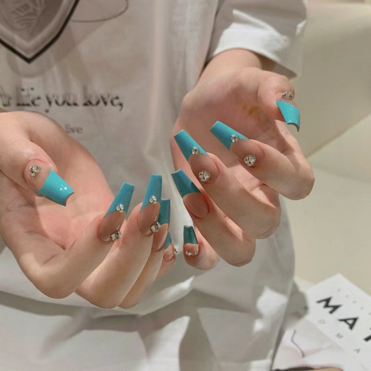 Ocean Escape Extra Long Coffin Shaped Blue Press On Nails with Rhinestone Accents