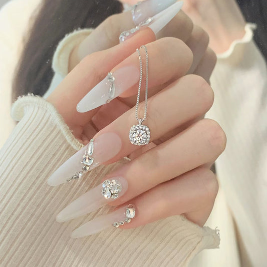 Elegant Bridal Collection Extra Long Stiletto White Press On Nails with Crystal Embellishments