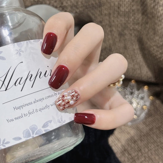 Elegant Evening Medium Square Burgundy Press On Nail Set with Plaid Accent Nail Design